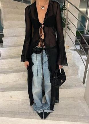 Кардиган з сітки прозорий довгий з рюшем magelite3 фото