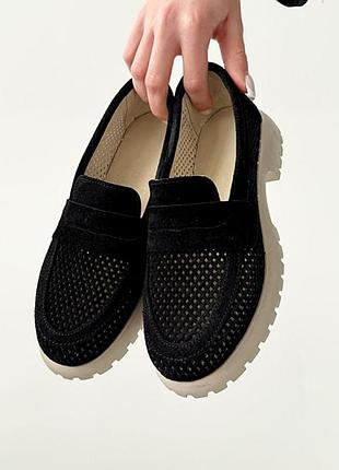Женские лоферы туфли черные из натуральной замши, замшевые мокасины 9218