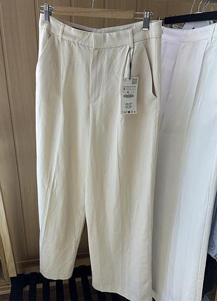 Брюки zara, палаццо zara, молочні широкі брюки zara, лляні вільні брюки zara6 фото