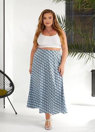 Женская шелковая юбка длинная в принт бирюзовая голубая