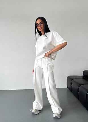 ‼️не кошлатиться‼️женский костюм двойка брюки + футболка лакоста 90% хлопок, костюм на весну, 780