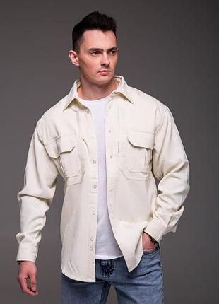 Мужская вельветовая рубашка на липучке молочная