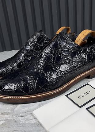 Gucci oxford derby dress crocodile black glazed чоловічі туфлі крокодил шкіра оригінал 44 eur