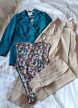 Розкішний новий жіночий брючний костюм двубортний піджак блейзер і штани з поясом і високою посадкою