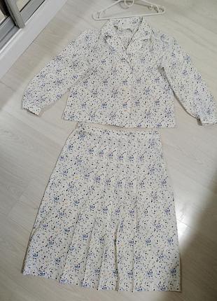 Костюм  двійка сорочка /жакет + спідниця плісе легкий літній  принт абстракція малюнок/ ретро.