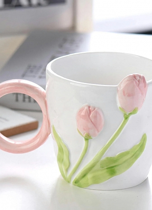 Чашка тюльпани з круглою ручкою 470 мл рожевий