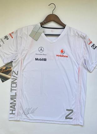 Футболка mclaren mercedes hamilton toniz білого кольору з яскравими жовтогарячими вставками