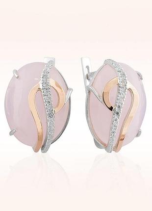 Комбіновані сережки срібло 925 + золото 375 + рожевий кварц