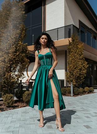 Жіночий бірюзовий атласний святковий вечірній комплект сукня на випускний корсет та довга спідниця