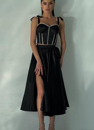 Жіночий чорний вечірній атласний святковий комплект сукня на випускний корсет та довга спідниця