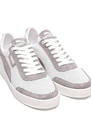 Летние, мужские, кожаные кеды puma перфорация цвет белый, серый, размер 40-45