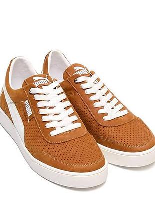 Летние, мужские, кожаные кеды puma перфорация цвет рыжий, белый, размеры 40-45