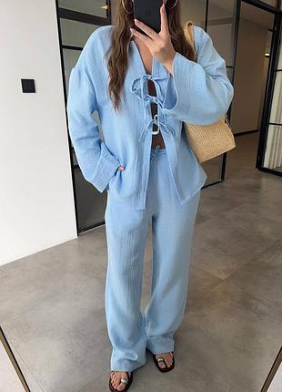 Жіночий костюм сорочка на зв'язках штани брюки мусліновий з натуральної тканини блакитний рожевий