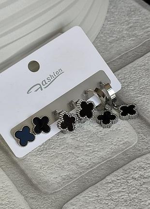 Сережки набір комплект медсталь конюшина клевер ванкліф чорна емаль трендові стильні під срібло