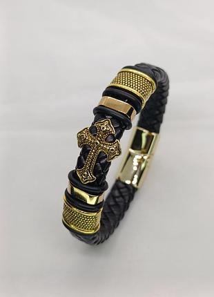 Мужской кожаный браслет с позолоченным крестом, черный №4