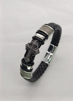 Мужской кожаный браслет с крестом, широкий, черный №5