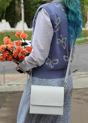 Біла шкіряна сумка з дерев'яними боковинами white elegance wood voronetskyi