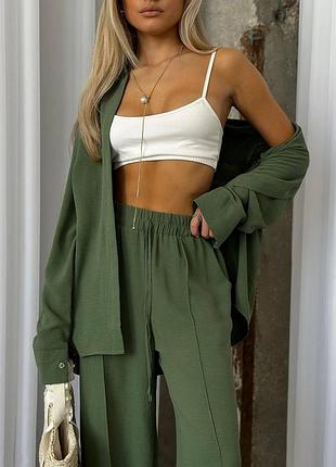 Жіночий костюм літній сорочка і штани оверсайз вільного крою хакі мокко