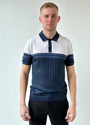Чоловіче поло з коротким рукавом синьо-біле в смужку на кнопках (m, l, xl, xxl)