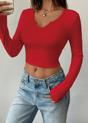Червоний жіночий топ з довгими рукавами та  v-подібним вирізом m