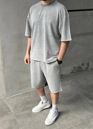 Топовий оверсайз комплект acid wash у світло-сірому кольорі