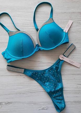 Бирюзовый купальник victoria's secret пуш-ап стразы со стразами с камнями стринги 34b s
