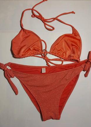 Купальник оранжевый коралловый блестящий 10 с плавки и шторка лиф на завязках