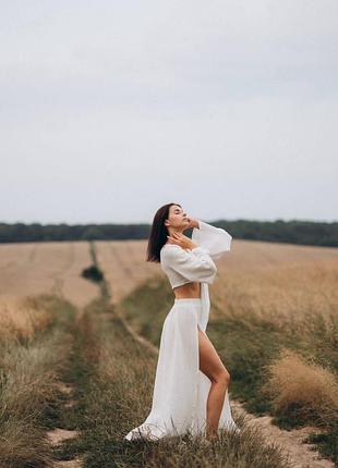 Мусліновий костюм топ з довгими рукавами та спідниця з розрізами3 фото