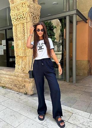 Темно синие легкие прямые брюки из смеси льна вискозы zara
