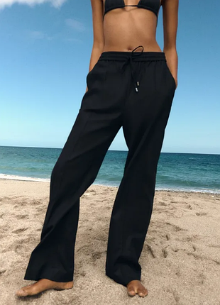 Черные легкие прямые брюки из смеси льна вискозы zara