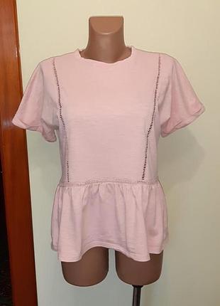 💥1+1=3 нежная розовая футболка f&f с баской, размер 44 - 46