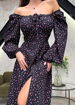 Женское платье миди с разрезом на ноге с длинными рукавами и обнаженными плечами в цветочный принт