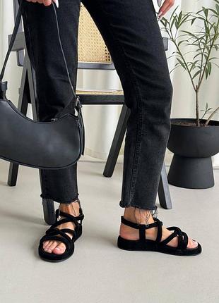 Босоніжки сандалі натуральна замша чорні з переплетенням