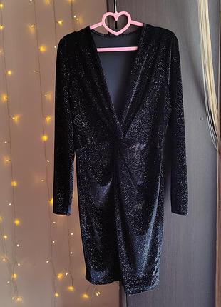 Платье вечернее/коктейльное gina tricot, с длинным рукавом, велюровое с блестящим напылением, размер l