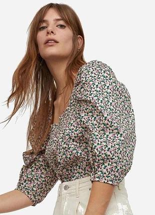 Котонова квіткова блузка блуза від h&m розмір xs - s з обʼємними рукавами майка топ