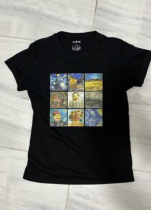 Чорна футболка принт ван гог shein, xs-s
