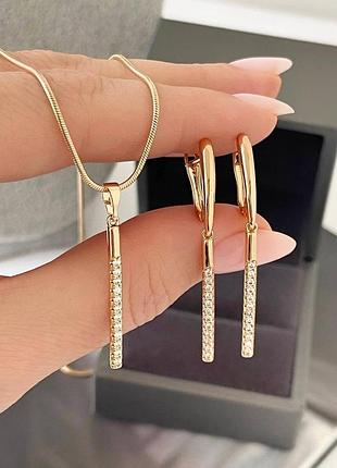 Набор медсплав медзолото, фианиты камушки дорожка, кулон цепи снейк и серьги