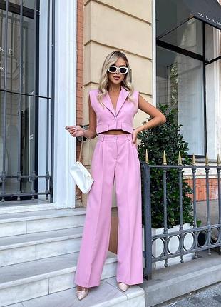 Женский брючный костюм двойка жилет с подплечниками штаны палаццо костюмная ткань