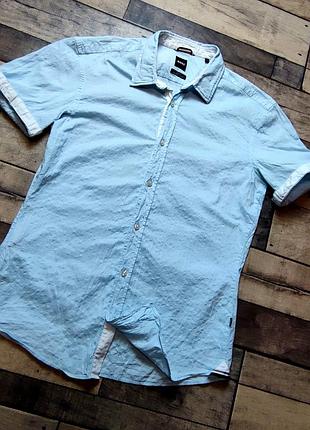 Рубашка с коротким рукавом hugoмужская цвет синий slim классический воротник размер м