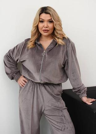 Костюм двойка велюровый батал худи на молнии с капюшоном брюки палаццо с карманами весенний