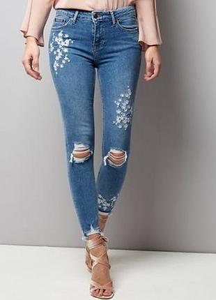 New look женские синие узкие джинсы с цветочной вышивкой, голубые джинсы скинни с вышивкой сакура, рваные джинсовые брюки, размер s/m