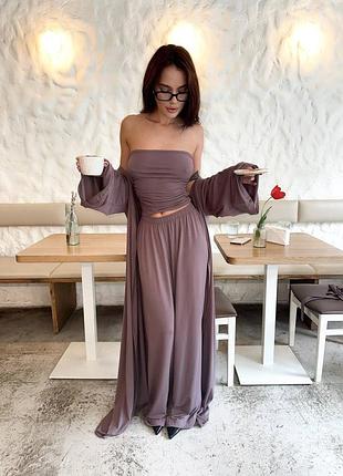 Жіночий костюм трійка кардиган максі довгий + топ і штани палаццо з поясом оверсайз бежевий