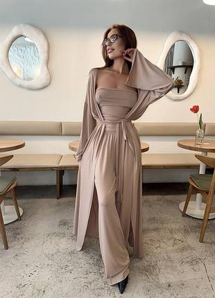 Женский костюм тройка кардиган макси длинный + топ и штаны палаццо с поясом оверсайз бежевый