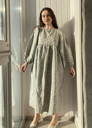 Квітчаста довга сукня arket пишні рукави квіти бавовна купро xl xxl