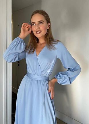 Жіноча сукня міді на запах з поясом і довгими рукавами