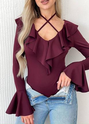Жіноче боді з рюшами та воланами з круглим вирізом однотонне з довгим рукавом 42-44, 46-48 бордо