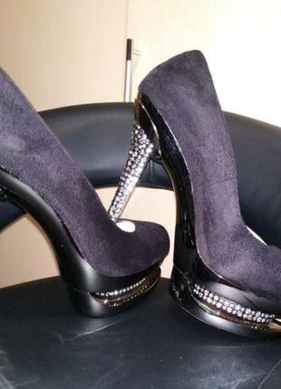 💋🖤 чёрные замшевые туфли на высоком каблуке с россыпью камней и двойной платформой3 фото
