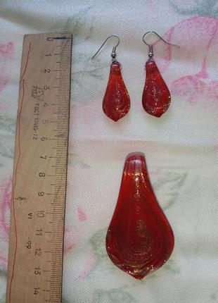 Комплект сережки та кулон жіночі з муранського скла теракутові коричневі крапля