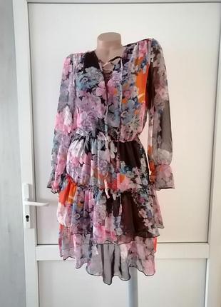 Легкое летнее пляжное платье прозрачный рукав шифон на груди шнуровка