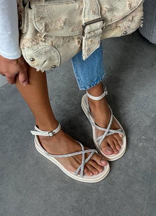 Босоніжки сандалі натуральна шкіра шкіряні бежеві з камінням стразами блискучі